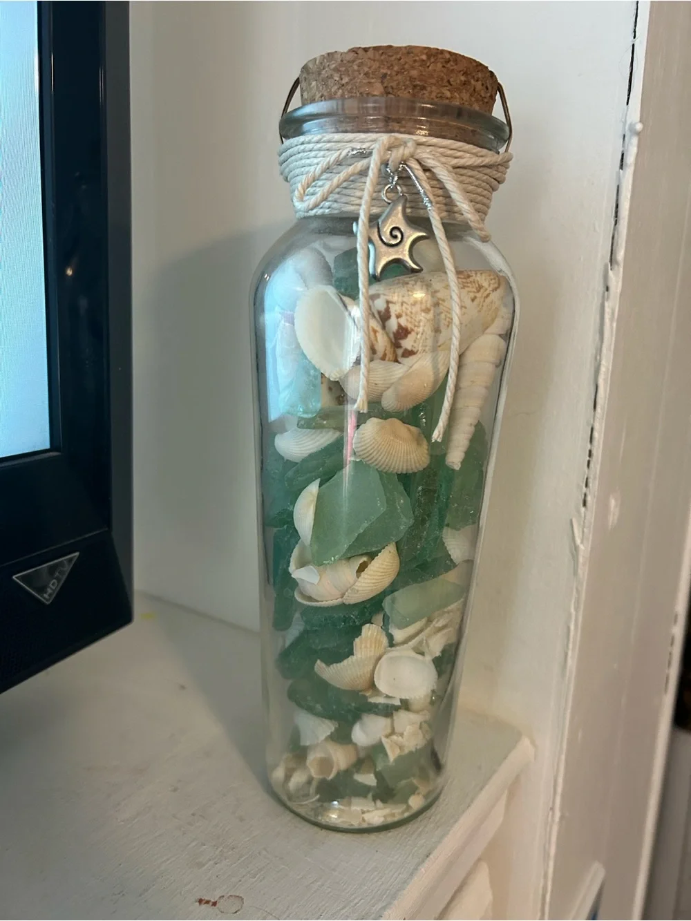 NWT COASTAL Sea Glass & Shell Accent Jar with Charm, Cork Stopper and Cord
